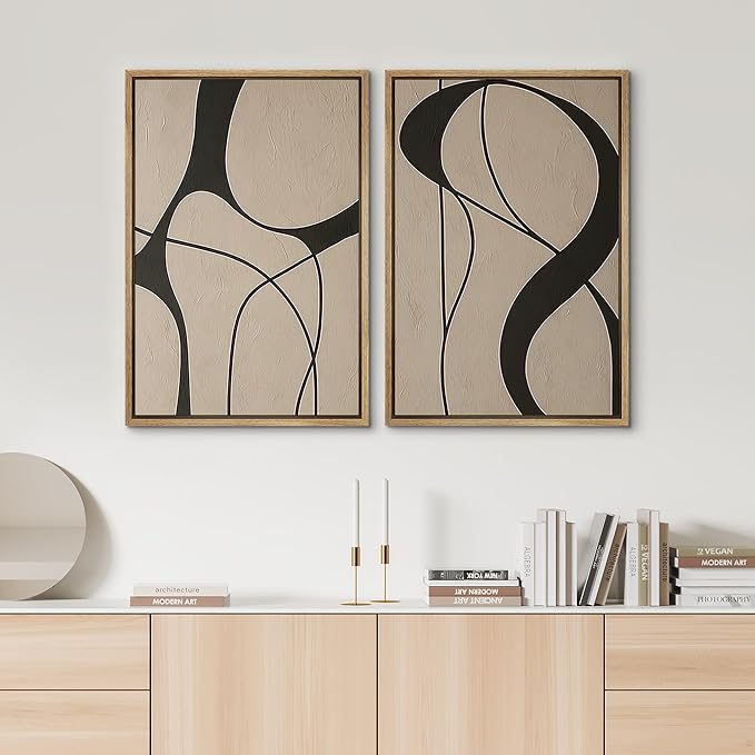 SIGNWIN Framed Canvas Print Wall Art Set Neutral Beige and Black Abstract Line Modern Minimalist Modern Art Minimal Boho Relax/Calm for Living Room, Bedroom, Office - 24"x36"x2 Natural