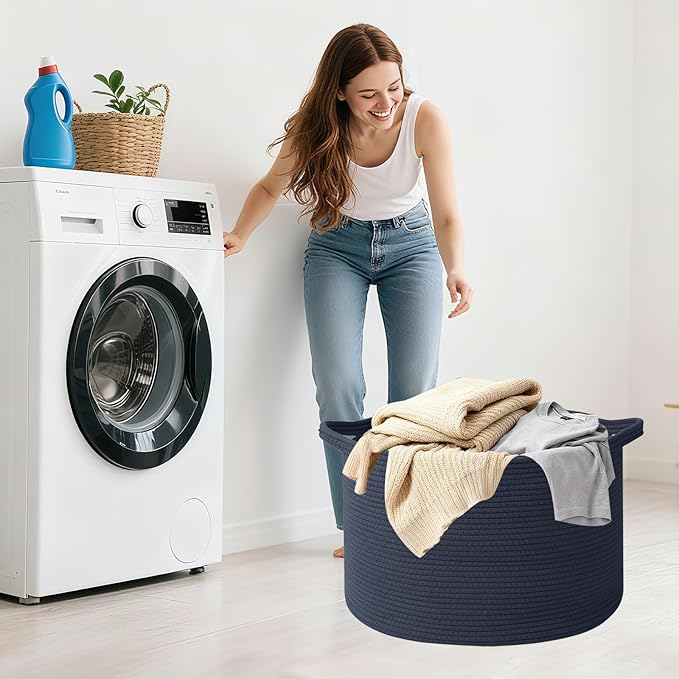 Large Blanket Basket for Organizing,115L Closet Organizers and Storage Bins Box for Shelves Woven Rope Storage Baskets,Living Room,Bedroom,Dorm,Laundry room (Dark Blue)