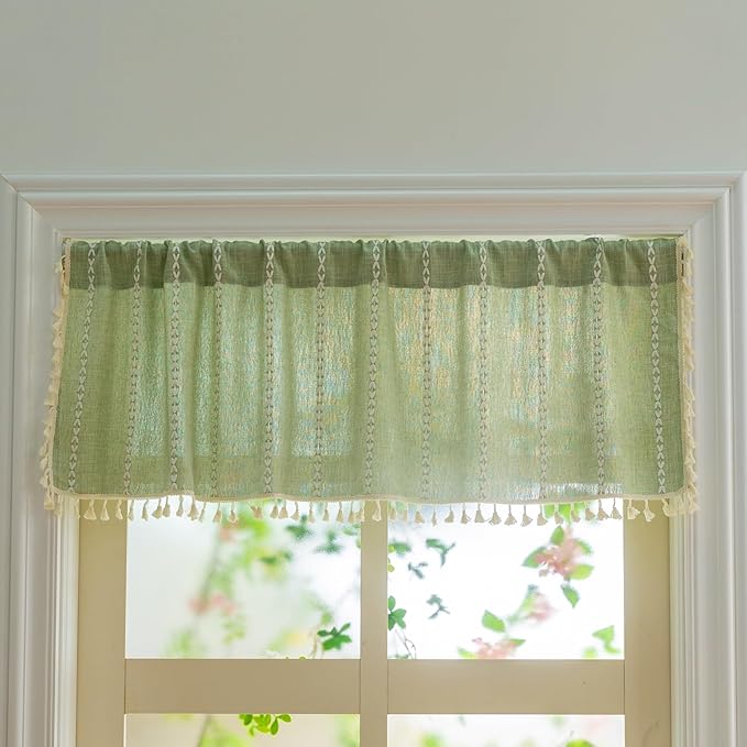Sutuo Home Boho Short Valance Curtains with Tassles, Bohemian Linen Light Filtering Vintage French Country Christmas Window Treatment Embroidery Drape, Rod Pocket 1 Panel 52" W x 18" L, Sage Green