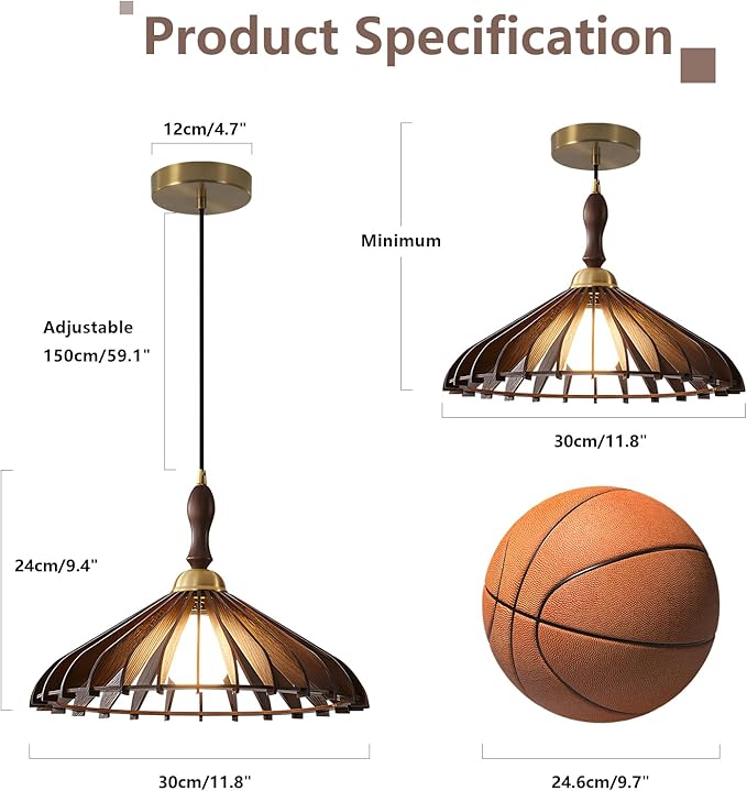 Modern Wooden Pendant Light, Wabi Sabi Light Fixture Walnut Adjustable Ceiling Lamp for Kitchen Island,Dining Room, Living Room, Bedroom