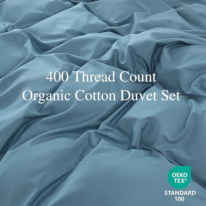 100% Organic Cotton Duvet Cover Queen Size 400 Thread Count Sateen Comforter Cover Soft and Breathable Cooling Bedding Set 3 Piece（Dusty Blue,Queen）