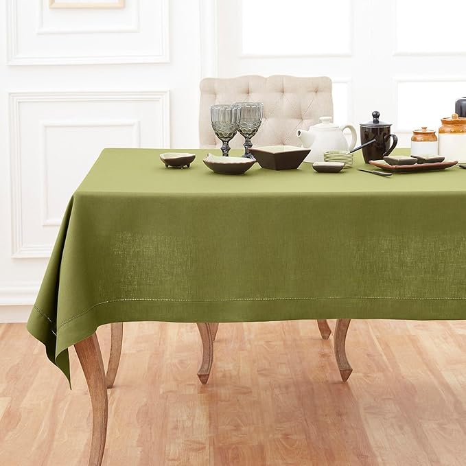 Solino Home Linen Tablecloth 60 x 144 Inch - Classic Hemstitch 100% Pure Linen Avocado Green Table Cloth for Rectangle Tables - Machine Washable Tablecloth for Fall, Autumn, Thanksgiving, Winter