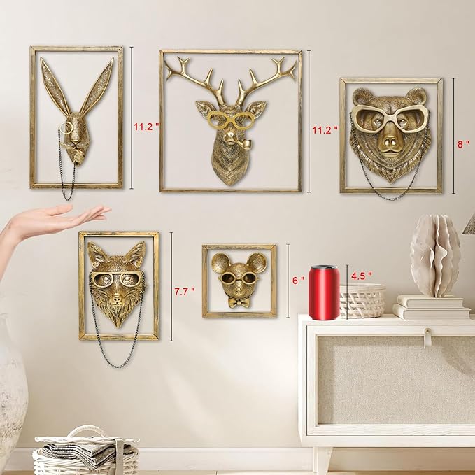 Newinhome Animal Heads Wall Decoration (Gift Metal Frame) Resin Animals Sculptures Head Wall Hanging Decor Gold vintage Wall Sculpture for Living Room Bedroom Office(Rat)