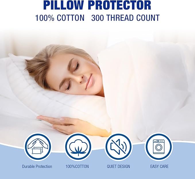 Premium Cotton Pillow Protectors with Zipper Durable Soft Breathable Pillow Cover Queen Size 2 Pack