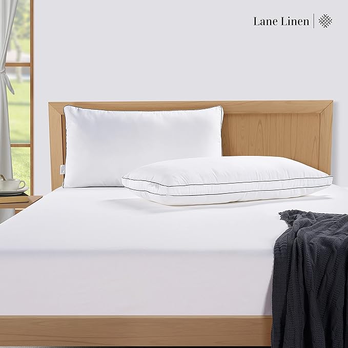 LANE LINEN Bed Pillows Standard Size Set of 2, Medium Soft Support Gusseted Hotel Pillows, Down Alternative Standard Pillow for Side Sleepers, Machine Washable, Comfortable for Quality Sleep - White