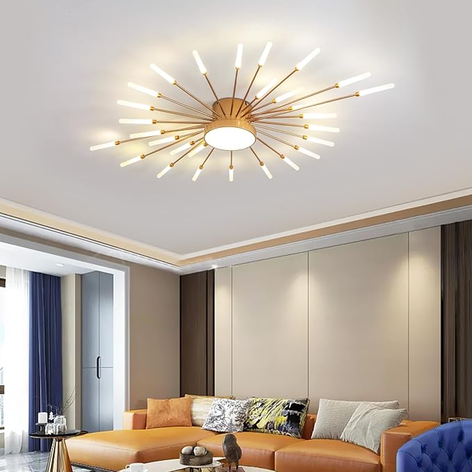 JAYMP Ceiling Light Modern Flower Shape Ceiling Lamp for Living Room Dining Room Flush Mount Metal Acrylic Sputnik Firework Petal LED Lighting Fixture (Matte Gold, 28+1 Lights)