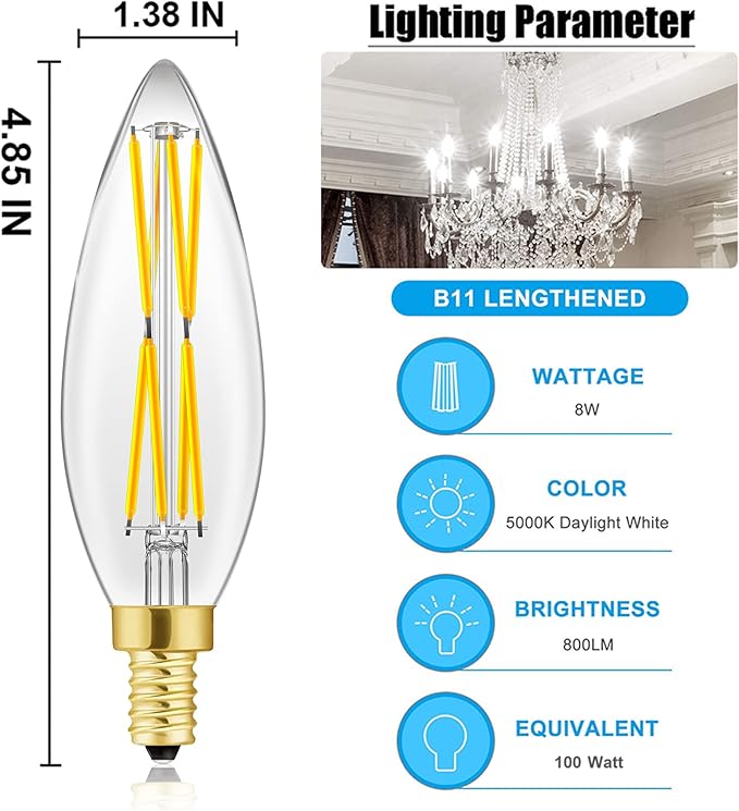 E12 Candelabra Bulbs 5000K Cool White,Dimmable Led Bulbs 8W,Candle Bulb 100 Watt Equivalent,Chandelier Light Bulbs 4.85In,Led Light Bulbs 850lm,4-Pack
