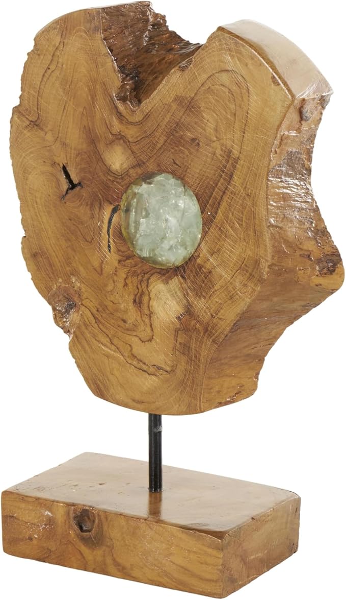 Deco 79 Teak Wood Abstract Decorative Sculpture Home Decor Statue with Resin Embedded, Accent Figurine 10" x 4" x 12", Brown