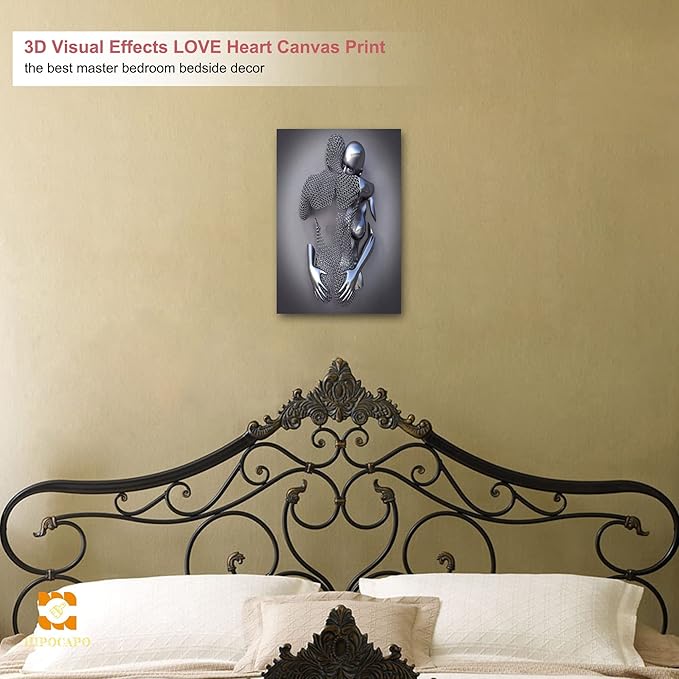 3D Metal Effect Wall Art - 3D Metal Art Wall, Silver Modern Abstract Hug Lovers Painting Picture Poster Prints for Bathroom, Romantic Couple Living Room Canvas Wall Art Framed 12”x18”x1Pcs