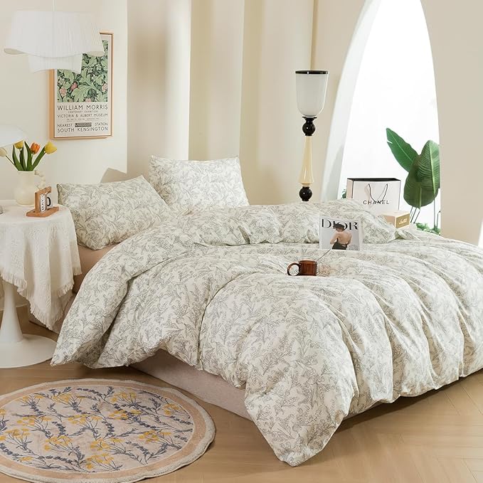 ECOCOTT Duvet Cover Queen Size Vintage Floral Pattern Duvet Cover Set, Ultra Soft & Breathable Comforter Cover with Zipper Closure 4 Ties Bedding Set