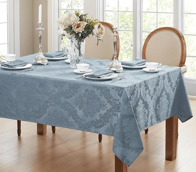 Newbridge Barcelona Damask Fabric Tablecloth, 52 x 70 Inch Rectangle, Blue – No Iron, Soil Resistant Table Cover for Dining, Parties and Holidays