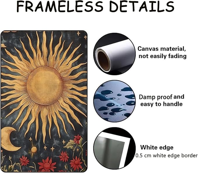 Eeuqiauot Vintage Sun Moon Flowers Wall Art Retro Celestial Floral Wall Decor Gothic Wildflowers Painting Tarot Crescent Picture Moon Star Wildflower Poster for Living Room Bedroom 12x16inch Unframed