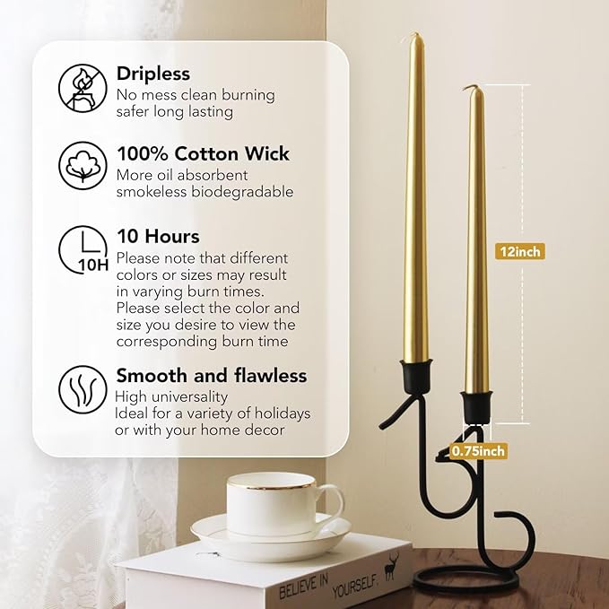 New Burning Formula Unscented Dripless 12-Inch Taper Candles Set of 12 - Gold, for Wedding, Dinner - Smokeless, Long Burning - Hand Poured, Colored Tall Candlesticks - Oro