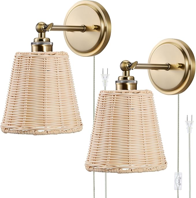 Rattan Wall Sconce Plug in, Hand-Woven Wicker Lampshade Wall Sconces Set of Two, Indoor Wall Lamp, Boho Sconces Set for Bedroom Living Room Corridor Plug-in or Hardwired
