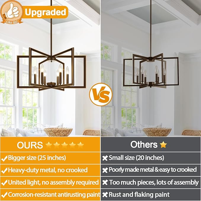 25" No Assembly Required Chandelier for Dining Room, Modern Oil-Rubbed Bronze Dining Room Light Fixture Over Table, Industrial Metal Hanging Pendant Lights Fixture for Kitchen Island, Entryway, Foyer
