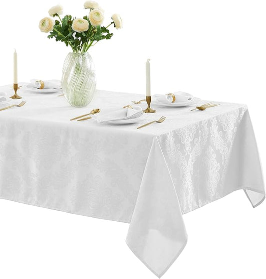 Newbridge Barcelona Luxury Damask Fabric Tablecloth, 60” Wide x 120” Rectangle, White, 100% Polyester, No Iron, Soil Resistant Dining Room, Party and Banquet Table Cover