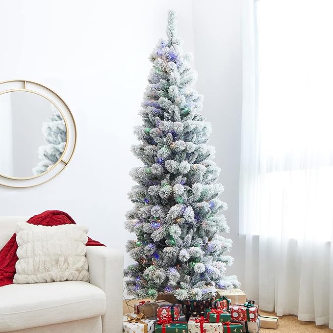 Glitzhome 7.5ft Prelit Christmas Tree, Flocked Artificial Christmas Tree, Pencil Christmas Tree Portland Snowy Pine with 300 Warm White/Multi-Color Lights, 9 Functional, Remote Controller