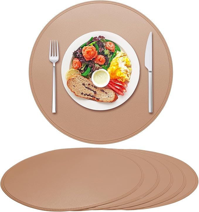 Round Vinyl Pink Placemats Set of 6, Faux Leather Waterproof Wipeable Heat Resistant Place Mats, Washable Table Mats for Halloween, Thanksgiving & Christmas Dinner(Pink)
