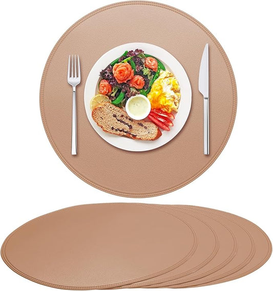 Round Vinyl Pink Placemats Set of 6, Faux Leather Waterproof Wipeable Heat Resistant Place Mats, Washable Table Mats for Halloween, Thanksgiving & Christmas Dinner(Pink)