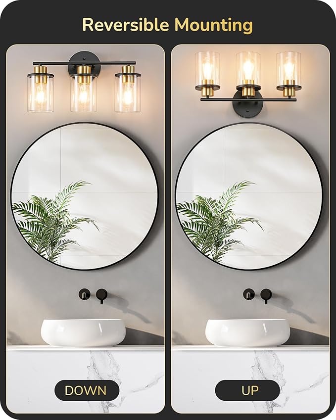 EDISHINE Bathroom Light Fixtures, 3-Light Bathroom Vanity Lights Over Mirror, Modern Bath Wall Sconce Lamp with Clear Glass Shade for Powder Room, Vanity Table, Mirror, Kitchen Black and Gold