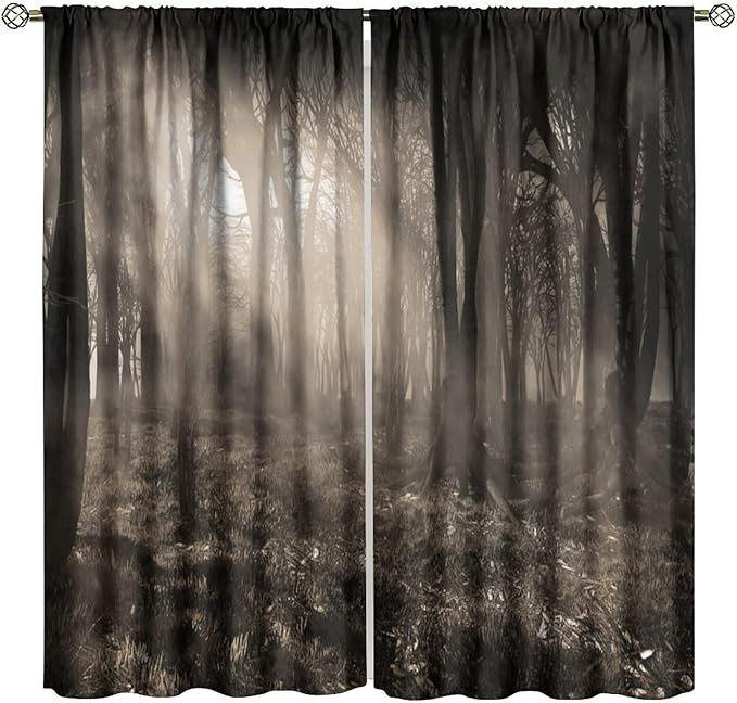 Gothic Forest Blackout Curtains, Forest Scenery Sunbeams Foggy Vintage Colors Fantasy Art Print Window Drapes, for Living Room Bedroom 31.5(W)*63(L) 2 Panels