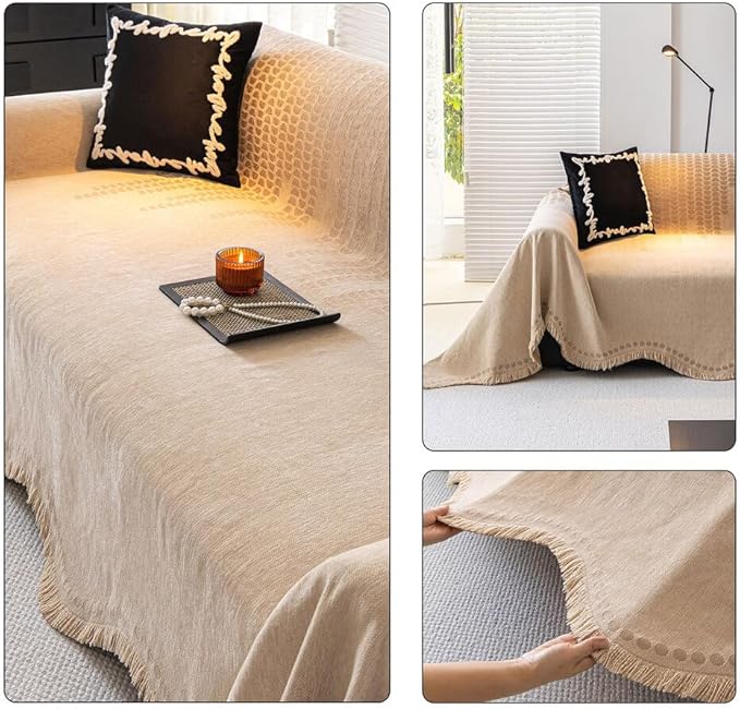 ROOMLIFE Khaki Sofa Cover, Vintage Boho Couch Cover for 3 Cushion Sofa, Non Slip Soft Chenille Sofa Slipcovers for Dog, Washable Furniture Sofa Protector Cover with Tassel for Living Room, 71''X150”