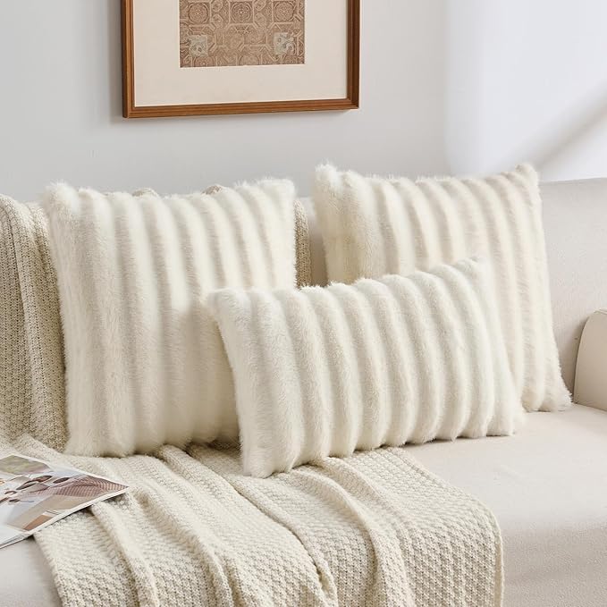 FUTEI Cream White Decorative Throw Pillow Covers 20x20 Inch Set of 2,Soft Fluffy Faux Rabbit Fur Dyeing Striped Textured Cushion Case,Modern Home Decor for Couch Bed Living Room