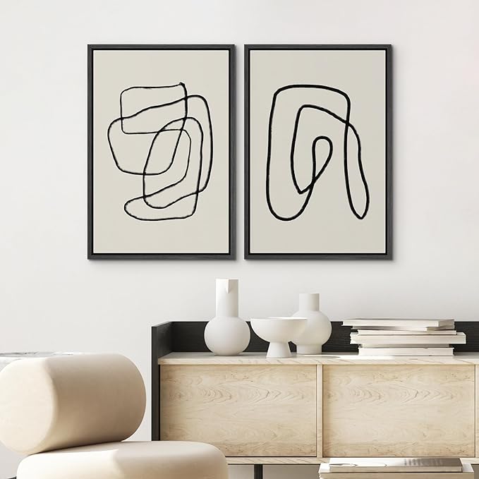 SIGNWIN Framed Wall Art Print Set Black Lines Over Tan Plain Background Abstract Swirly Cozy Neutral Modern Art Mid-Century Modern Expressive for Living Room, Bedroom, Office - 16"x24"x2 Black
