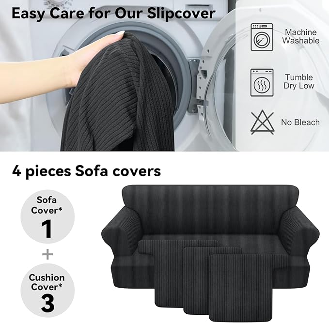 Waterproof Couch Cover 4-Piece Set Striped Sofa Slipcovers for 3 Separate T Cushion Couch - TPU Fabric Sofa Covers Leakproof Couch Protector for Kids, Pets(3 Cushion Sofa, Dark Gray)