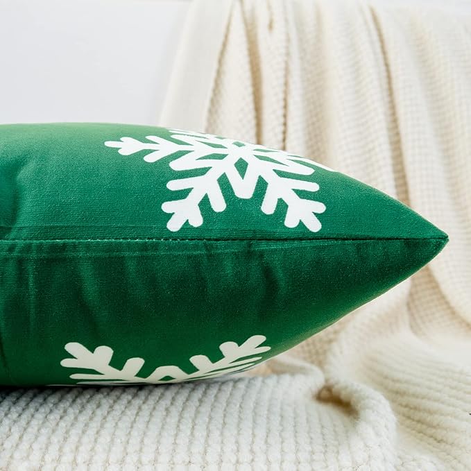 HWY 50 Green Decorative Throw Pillow Covers 18x18 Inch for Couch Sofa Living Room Bed, Soft Square Throw Pillows Cases Set Cushion Cover with Christmas Snowflakes Print Pack of 2