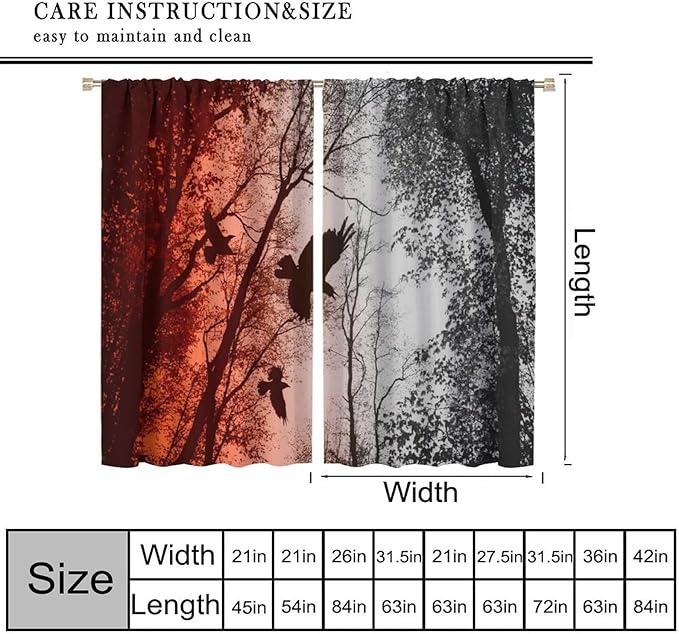 Gothic Halloween Forest Blackout Window Curtains, Scary Crow Forest Gothic Theme Window Treatments Drapes, for Bedroom Living Room 42(W)*84(L) 2 Panels