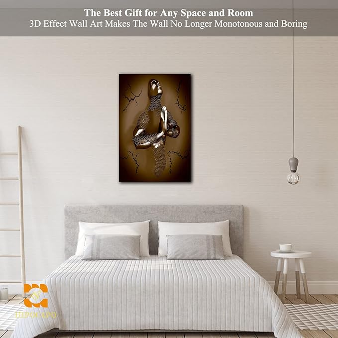 3D Wall Art Decor Artwork - 3D Metal Effect Wall Art Merged Hands for Modern Wall Art, Large Wall Art for Bedroom Dercorations Framed 18”x24”x1Pcs
