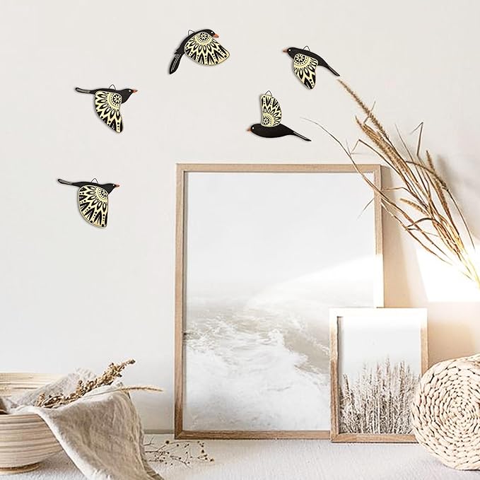 Vumyhuby 5 Pcs Black Wooden Bird Wall Art | Rustic Folk Art Wall Decor for Indoor Use | Handcrafted Wood Flying Birds Wall Hangings for Living Room, Bedroom, Kitchen, Office | Scandinavian Home Decor Gift