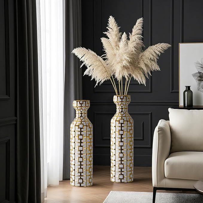 Pair of 24.4" Tall Ceramic Cylinder Vases with Geometric Gold Accents, Large Flower Vase, Decorative Vase - Modern White & Gold Floor Vases for Living Room, Entryway Decor (Set of 2)