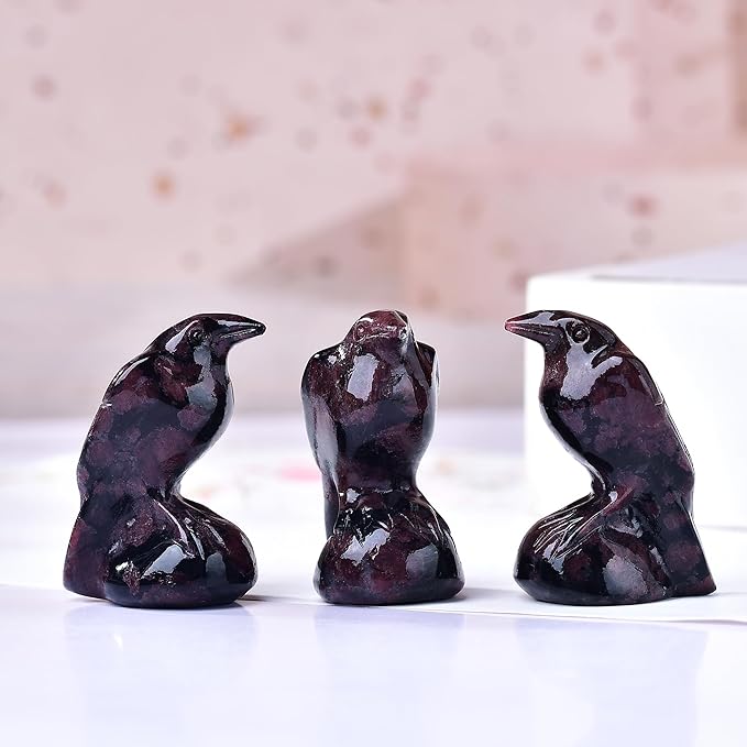 Natural Garnet Crystal Raven Statue 2" Healing Crystal Handmade Sculpture Lucky Guardian Pocket Statues Reiki Meditation Office Home Decoration Gift