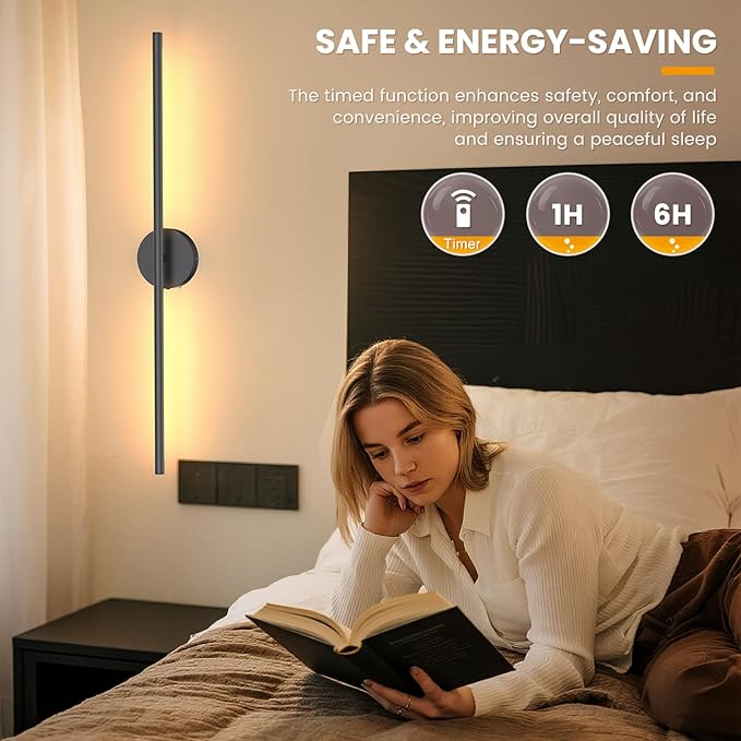 NIORSUN 34 Inch Battery Operated Wall Sconce Set of 2, Black Round Base Rechargeable Wall Lights with Remote, 3CCT Dimmable Wireless Wall Sconces for Living Room Bedroom Hallway