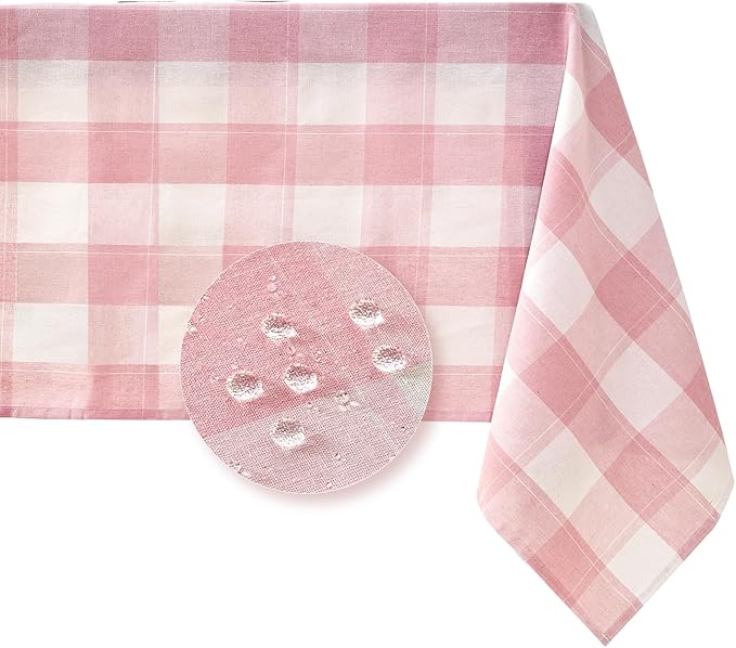 BALCONY & FALCON Rectangle Gingham Table Cloth – Water-Resistant Cotton Blend, Spill-Proof & Washable Checkered Tablecloth for Kitchen, Dining, Picnic, Party (Pink White, 57x118 Inch)