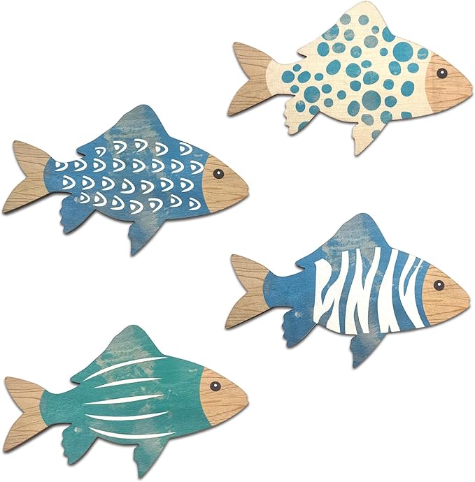 Vumyhuby Wooden Fish Wall Art with Coastal Ocean Theme Decor - Handcrafted Natural Wood Fishs Wall Sculpture Set of 4, Rustic Hanging for Linving Room, Beach, Nautical, or Coastal Home Decoration, Unique Gifts,A