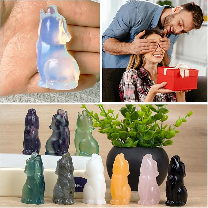 White Opalite Howling Wolf Crystal Figurines, 2.2 Inch Wolf Totem Spirit Animal Statue Decor for Home Office Desk Altar, Hand Carved Reiki Healing Crystal Sculpture Gifts for Women Men