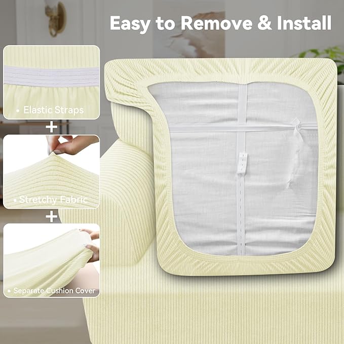 Waterproof Couch Cover 3-Piece Set Striped Sofa Slipcovers for 2 Separate T Cushion Couch - TPU Fabric Sofa Covers Leakproof Couch Protector for Kids, Pets(2 Cushion Sofa, Beige)