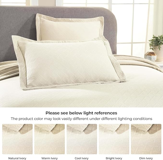 Superior 100% Cotton Basket Weave Bedspread with Shams, All-Season Premium Cotton Matelasse Jacquard Bedding, Quilted-Look Geometric Basket, Queen, Ivory