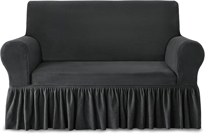 NICEEC Loveseat Cover Thick Plush 1-Piece Warm Grey Slipcover for Loveseats Stretch Fluffy Couch Covers for Living Room Easy Fit Washable Soft Furniture Sofa Protector with Skirt