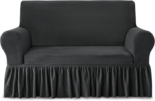 NICEEC Loveseat Cover Thick Plush 1-Piece Warm Grey Slipcover for Loveseats Stretch Fluffy Couch Covers for Living Room Easy Fit Washable Soft Furniture Sofa Protector with Skirt
