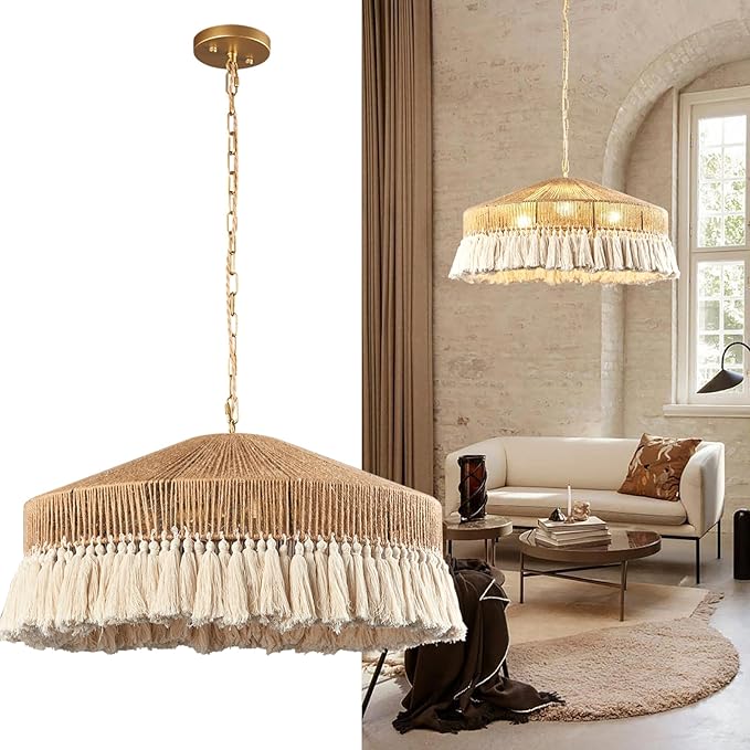 Large Woven 3-Lights Pendant Lights, Modern Boho Chandelier Handwoven Rattan Pendant Light Fixtures Farmhouse Ceiling Hanging Lamp for Kitchen Island,Dining Room, Bedroom, Entryway, Foyer