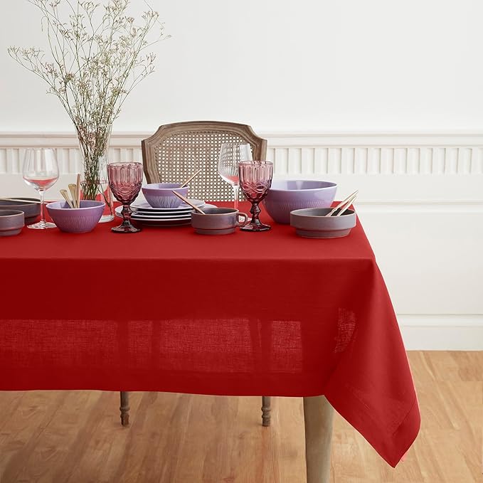 Solino Home Linen Red Tablecloth 60 x 102 Inch - 100% Pure Linen Rectangular Tablecloth - Machine Washable Table Cloth for Christmas, Holiday, Winter - Fete