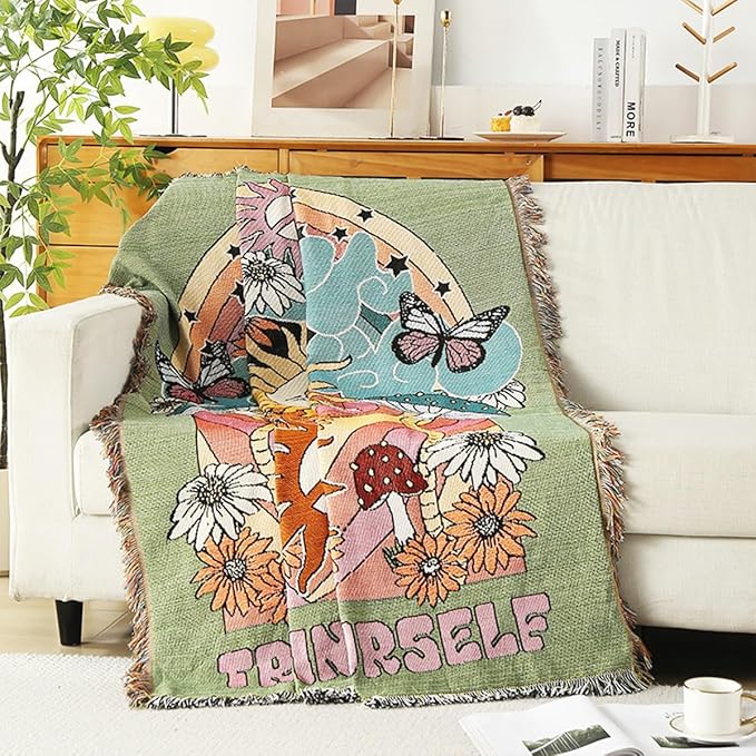 Double-Sided Cotton Woven Throw Blanket with Tassel Jungle Bohemian Style Tapestry Shawl Multi-Function Decorative Throws for Sofa Bed Armchair Camping Blanket Tablecloth Carpet 160x130cm
