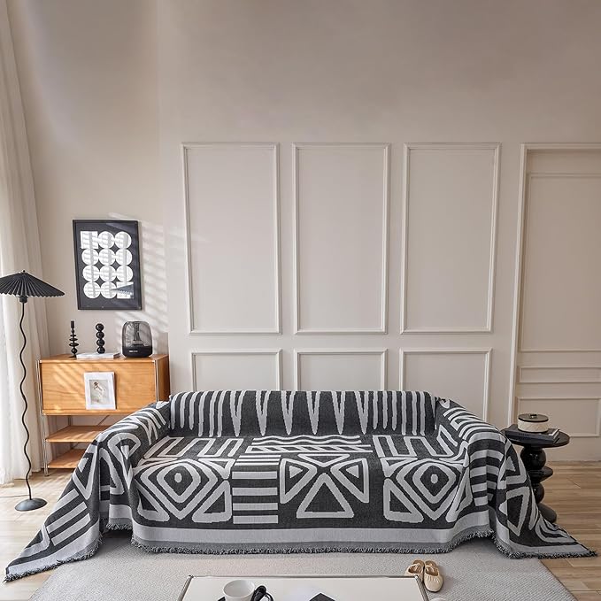 DREAMINGO Boho Couch Cover Washable Chenille Sofa Cover Blanket Light Grey Black Furniture Protector for Sectional 2 Cushion Couch Reversible Geometric Loveseat Slipcover, Large 71"x118"