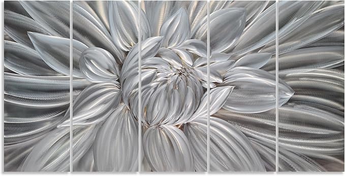 Yihui Arts Silver Metal Flower Wall Art, 5 Pieces Aluminum Artwork, Contemporary Botanical Sculpture for Living Room Bedroom Bathroom Decor
