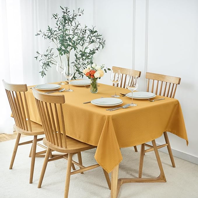 maxmill Rectangle Tablecloth Weaved Texture Design Water Resistant Wrinkle Free Spill-Proof, Soft Table Cloth for Dining Room Decoration, Banquet Parties Holiday Dinner, 52 x 84 Inch Ochre Yellow