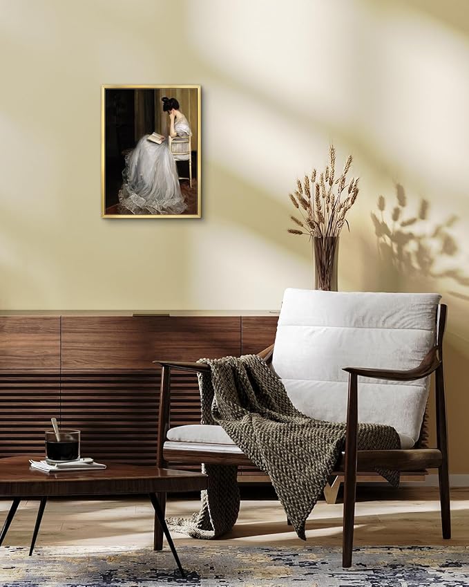 AIMAILON Vintage Gold Canvas Wall Art Framed Decor for Living Room School Elegant Reading Girl in White Dress Portrait Classical Aesthetic Artwork Home Decoration 12x16